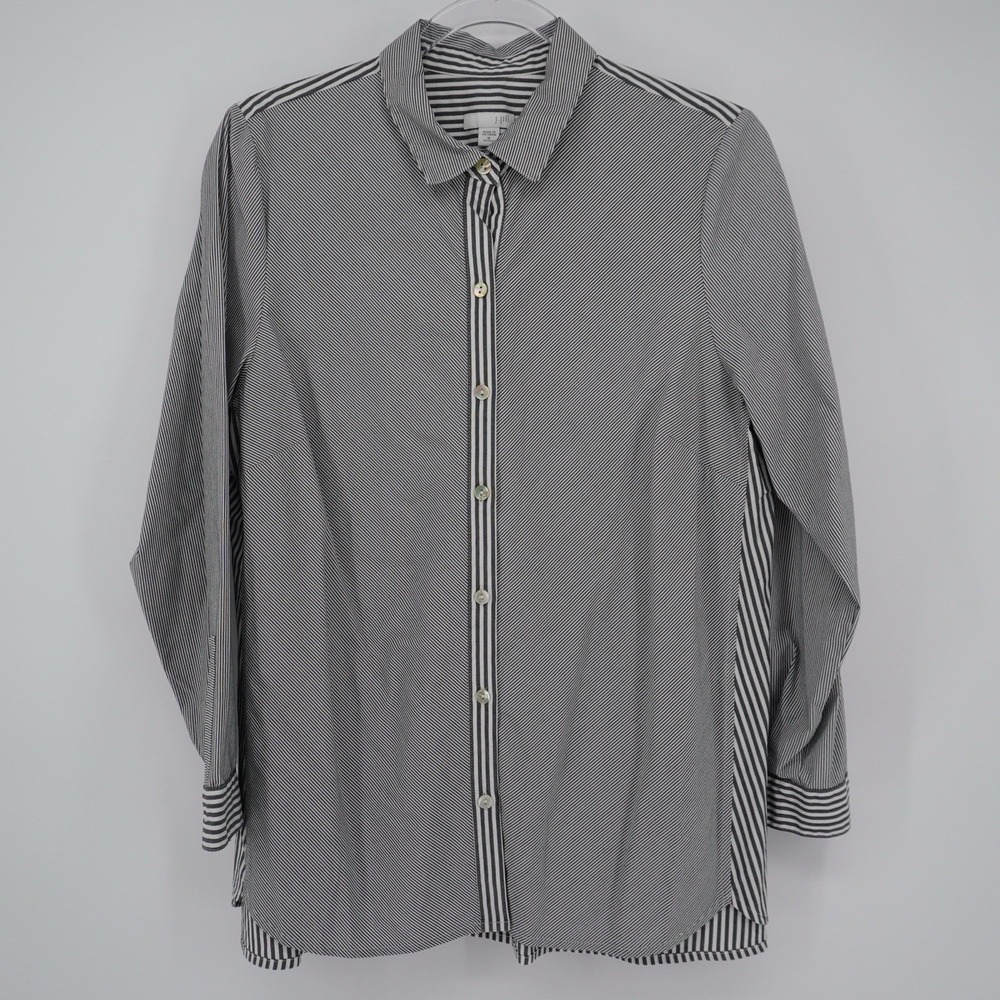 J.Jill Womens Poplin Button Up Gray White Stripe Long Sleeve M Petite Career